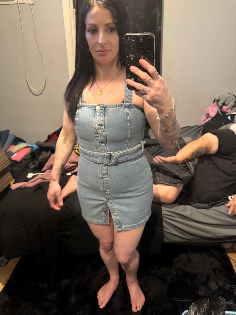 Light Blue Denim Button-Front Mini Overall Dress with Belt